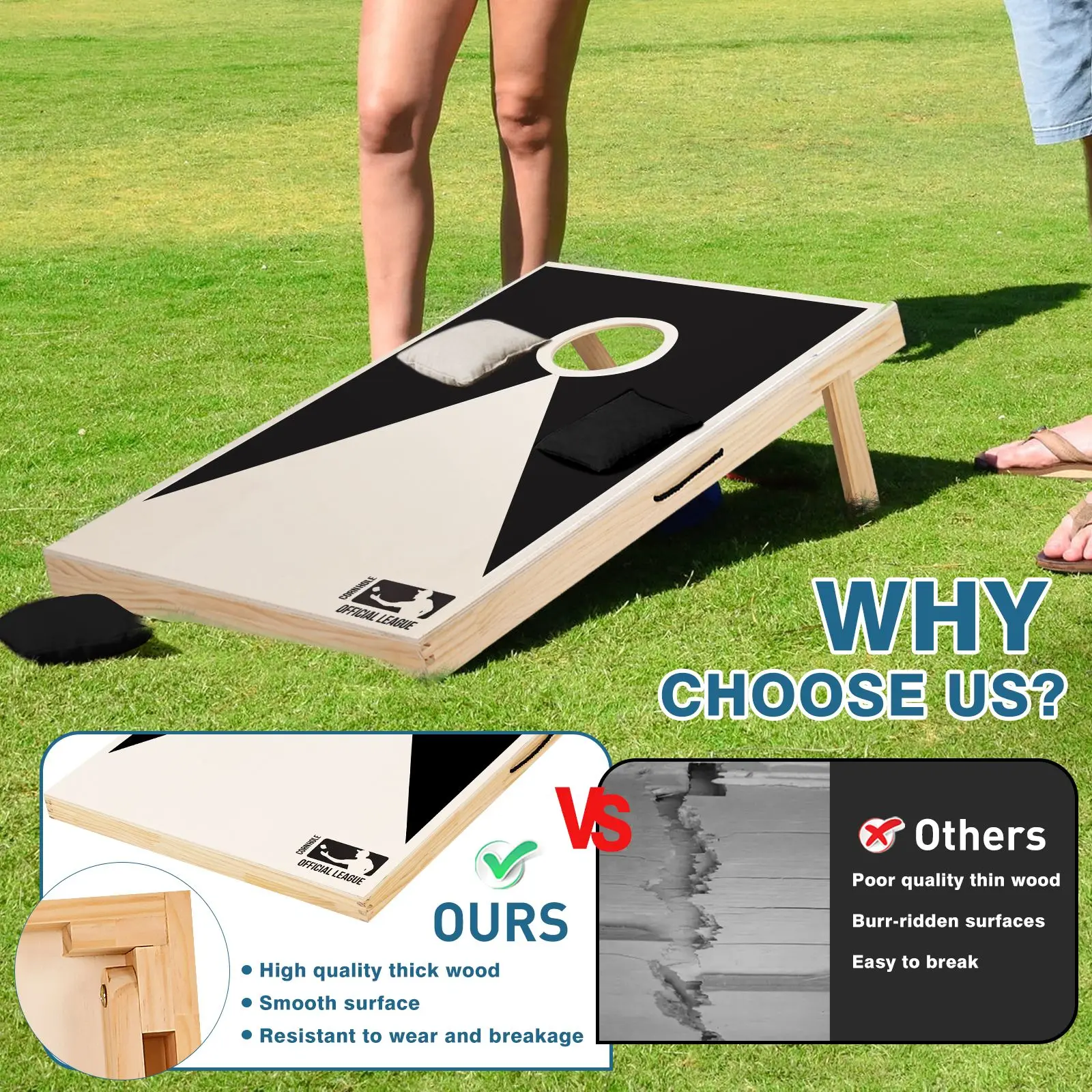 Solid Wood Premium Cornhole Set - 3 Feet x 2 Feet Game Boards, Includes Set of 8 Corn Hole Toss Bags