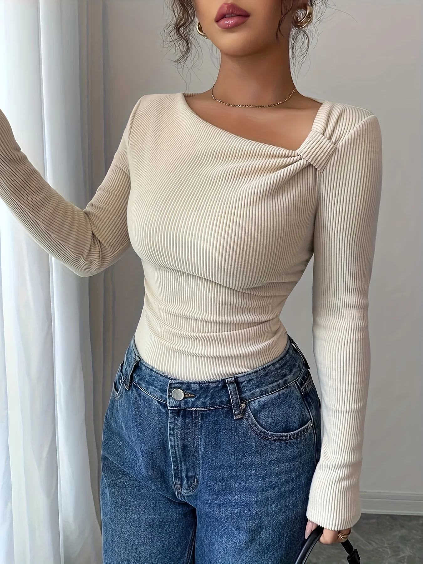 Elegant Directed Women's Autumn Winter Knitted Solid Color Asymmetrical Neck Long Sleeve Pleated Slim Fit Elegant T-Shirt