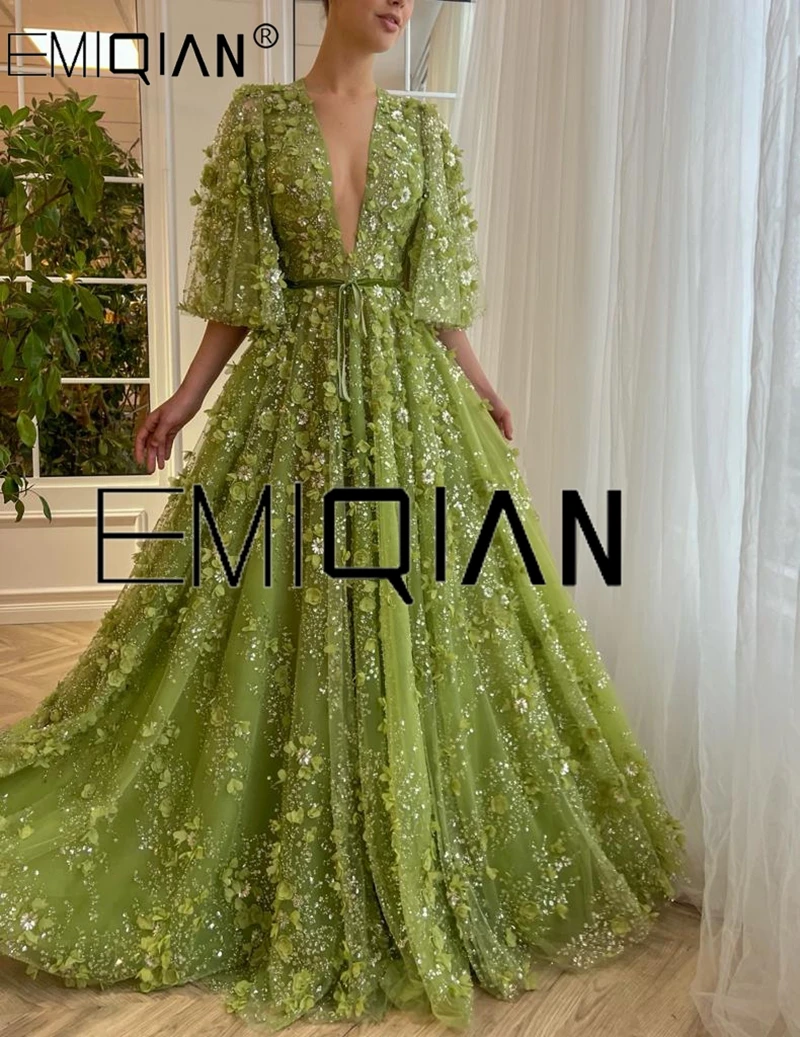 Said Dubai Luxury Sexy Plunging V-neck Green 3D Embroidered Flowers Evening Dresses for Women Wedding Party Gowns