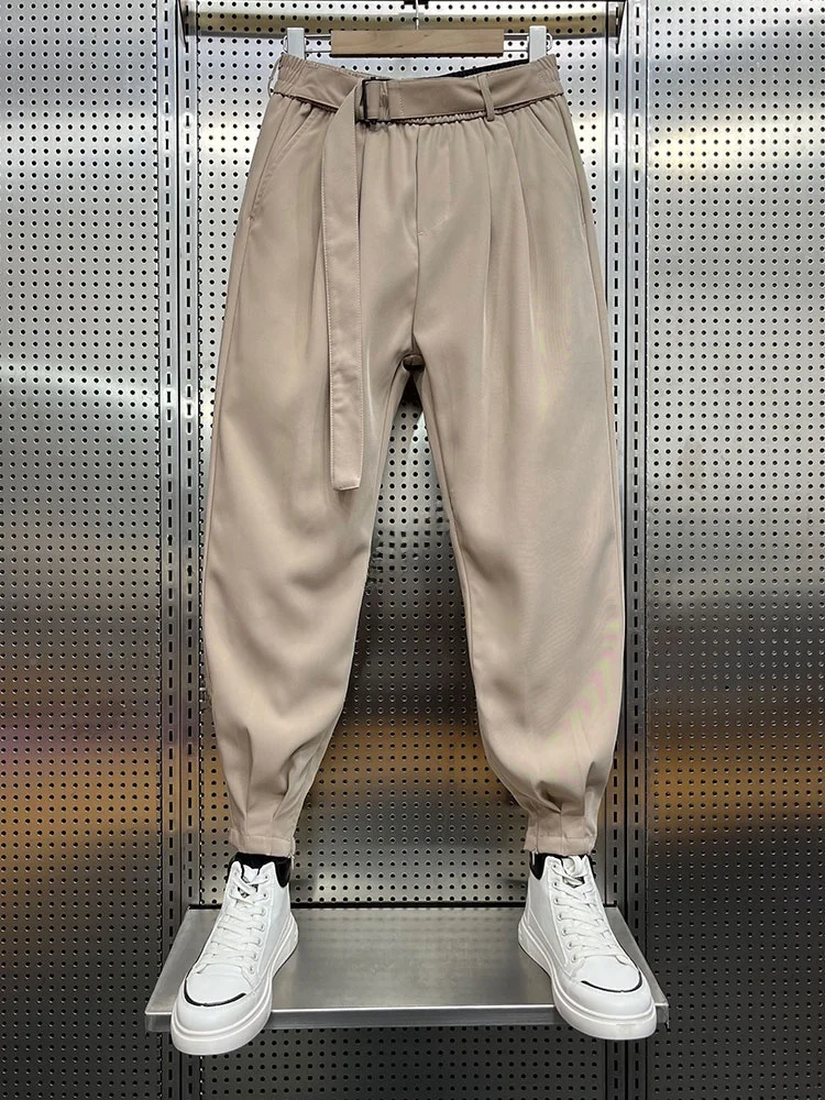 

Casual Harajuku Sle Men's Pants Belt Design Loose Drapey Harem Pants Versatile Cool Zipper Cuffed Nine Point Pants