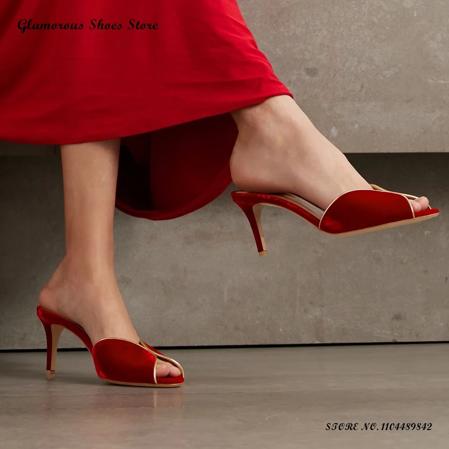 

Gold Leather-trimmed Velvet Mules Women's Round Open Toe Thin Heels Wedding Shoes Summer Elegant Slip-on Party Fashion Slippers