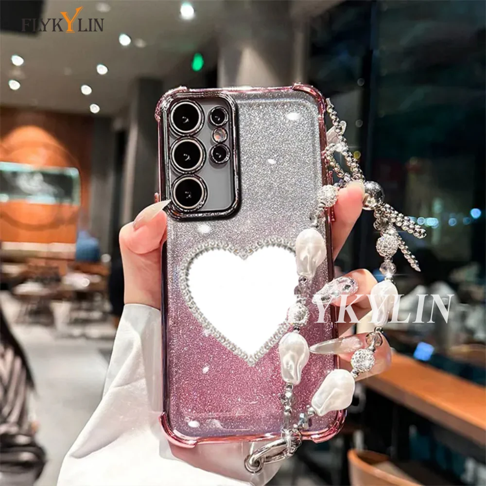 Luxus Armband Stoßfest Telefon Fall Für Xiaomi Redmi Hinweis 14 Pro 13 14 Pro Plus 14S 4G 5G Glitter Herz Spiegel Abdeckung