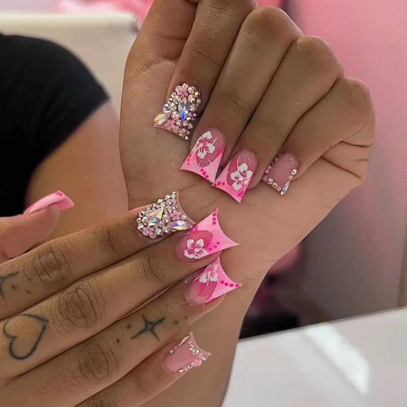 24pcs Duck Sweet flowers Nail Tips Summer Medium Short Press on Nails for Gluing Pink French Fake Nails Prosthetic Nail Set 2026