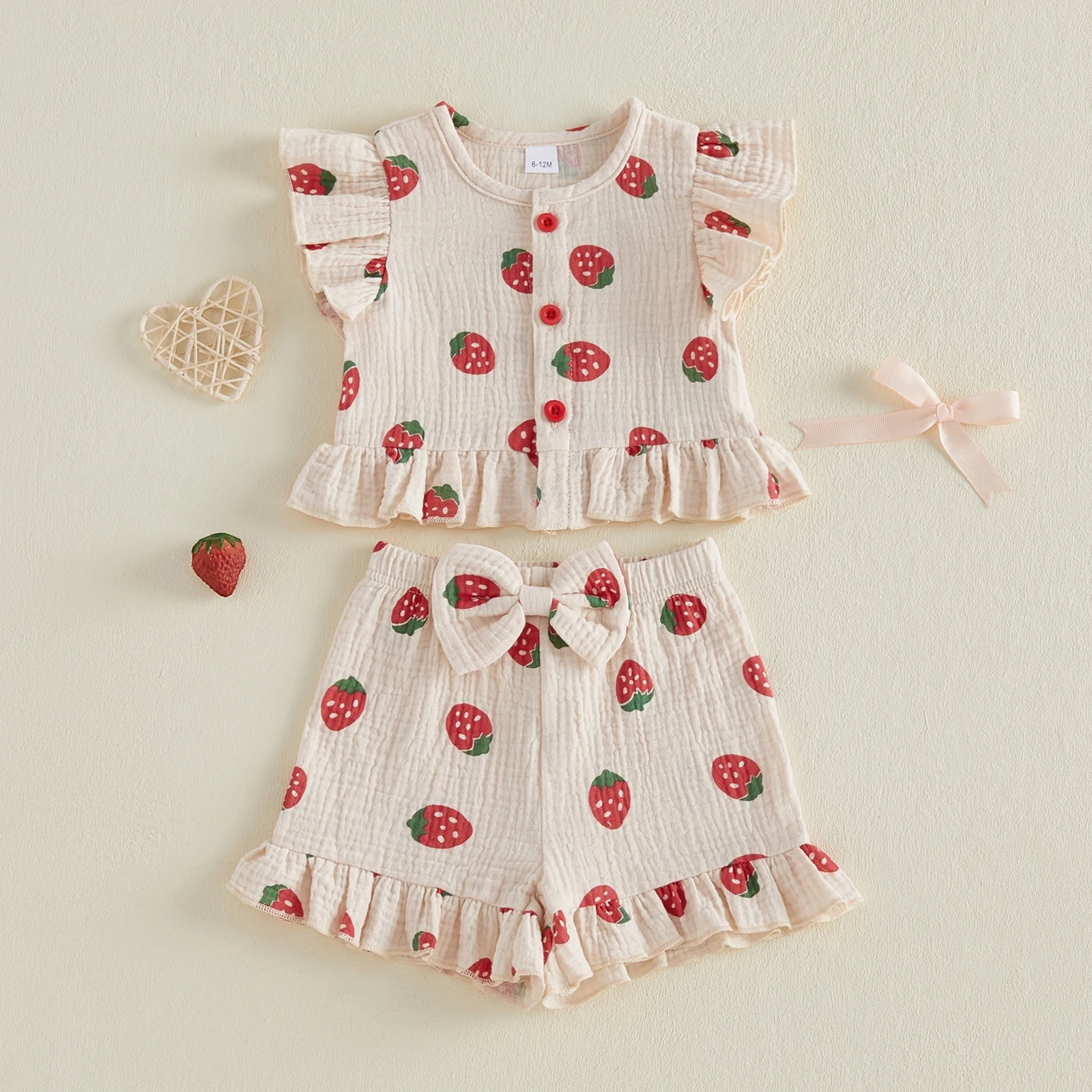 Toddler Baby Girls Outfits Summer Flying Sleeve Crew Neck Strawberry Print Tops and Elastic Waist Shorts 2Pcs Set Infant Clothes