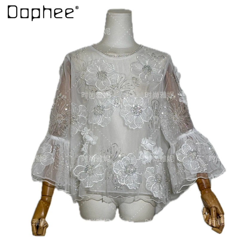 Temperament Sweet Slim Beaded Sequined Flared Long-sleeved Chiffon Shirt Three-dimensional Flower Mesh Turtleneck Celebrity Top