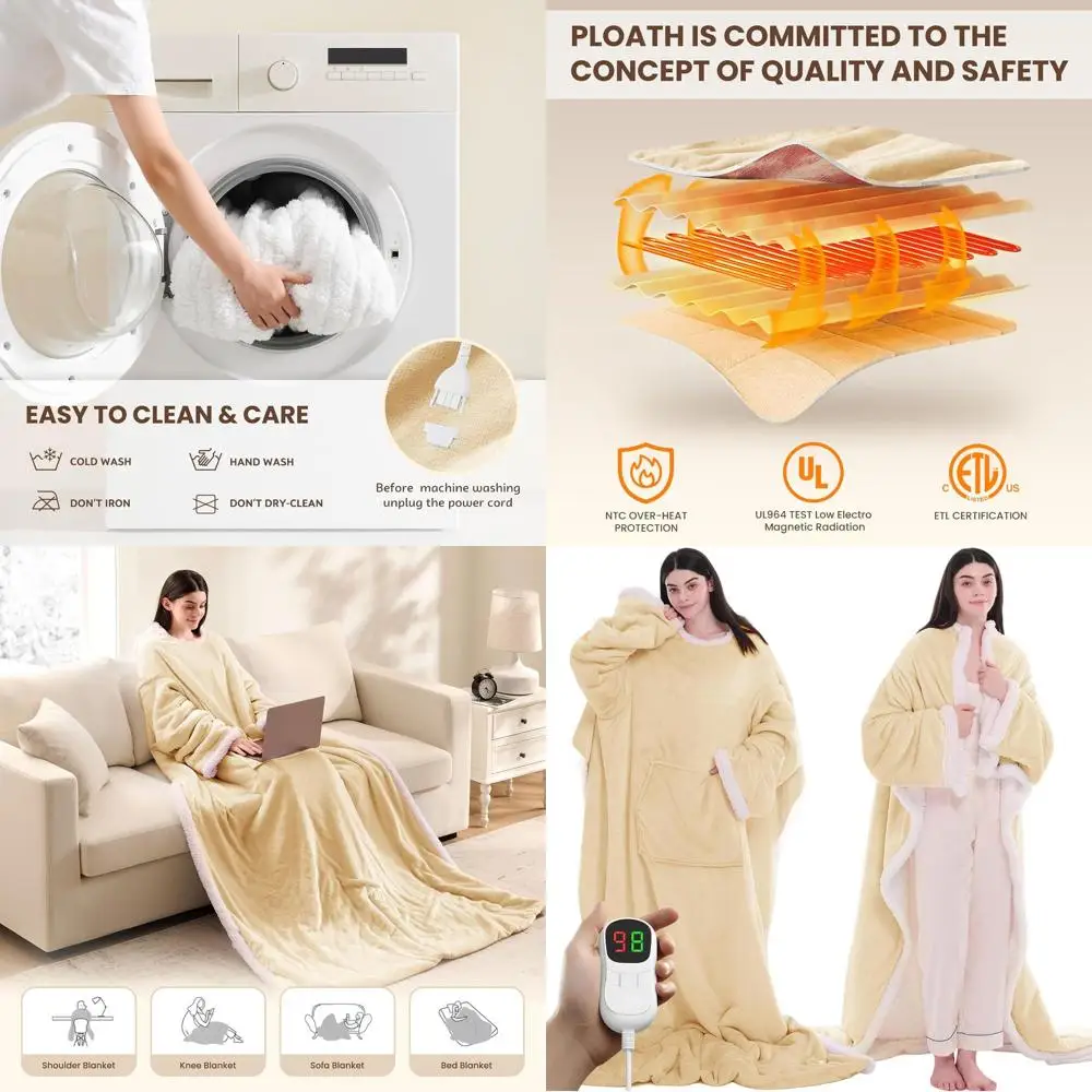 

Heated Electric Blanket Shawl: Adjustable Temperature Throw with Hoodie, 10 Heat Modes, 50x75 Beige