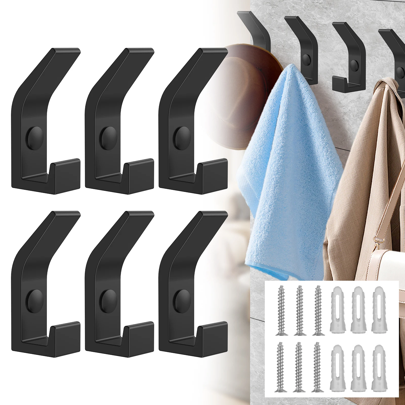 

6PCS Heavy Duty Hook 22lbs Load Capacity Space Aluminum Towel Hook Clothes Coat Hook for Bathroom Kitchen Bedroom