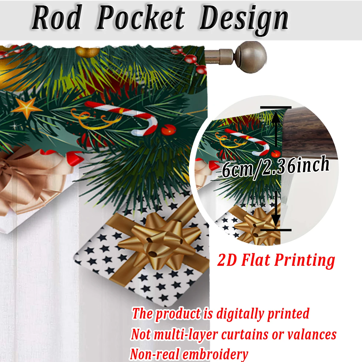 Christmas Flat Printing Kitchen Sheer Curtain with Merry Christmas Gift Box Pine Branch Ornament For Christmas Home Decor  Party