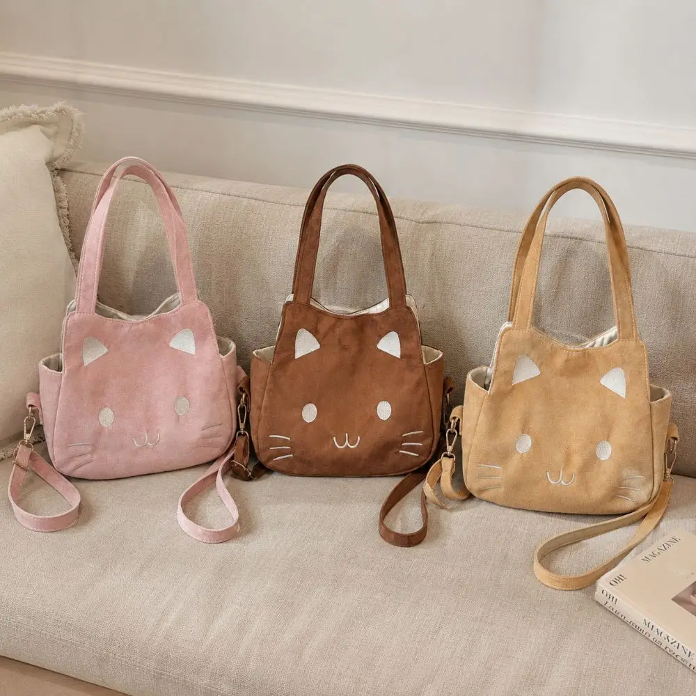 Stylish Suede Shoulder Handbag Large Capacity Adjustable Straps Tote Bag Cat Pattern Commuting Underarm Handbag Woman