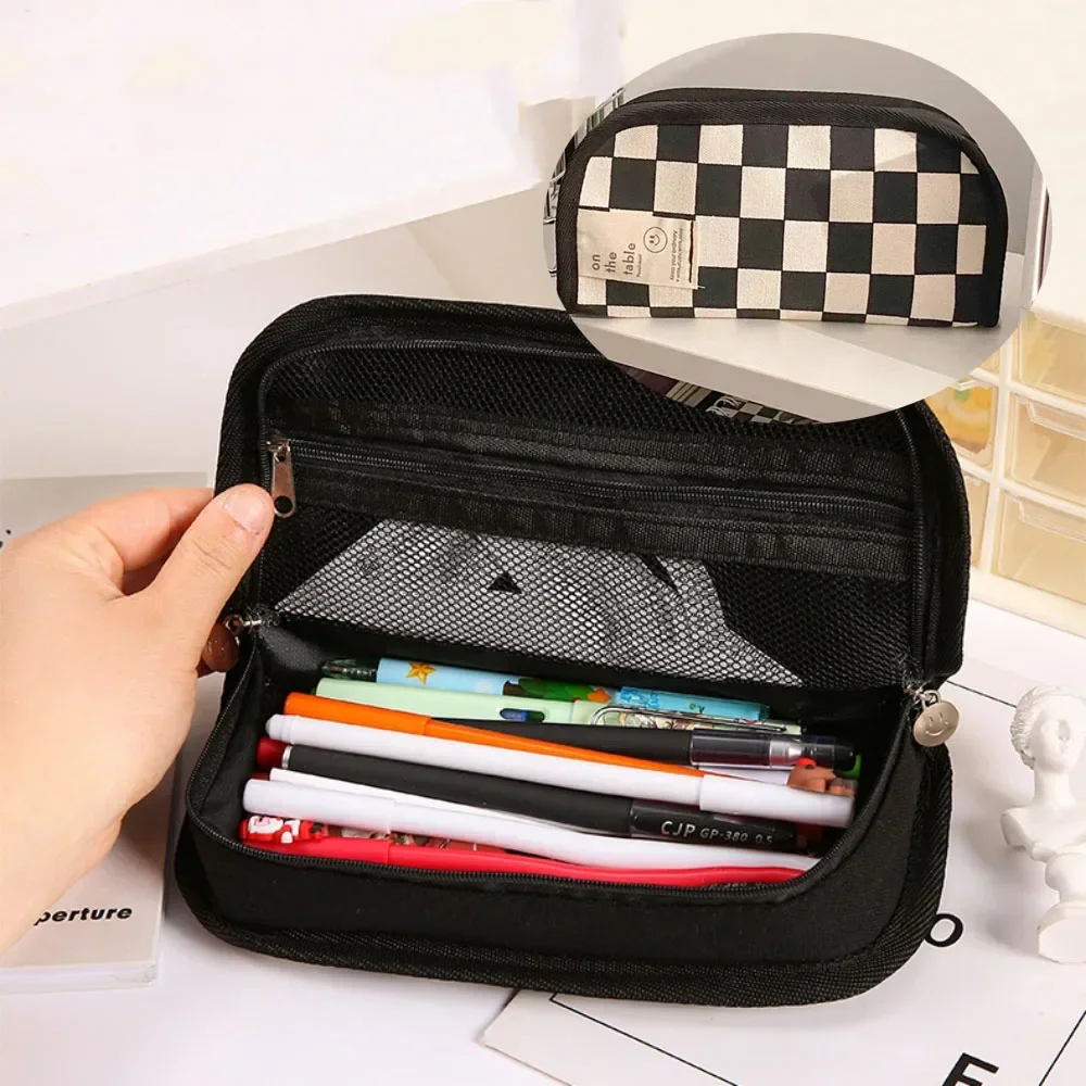 Large Capacity Pencil Case Black and White Checkerboard Grid Large High Value Storage Pencil Bag Student Canvas Stationery Box