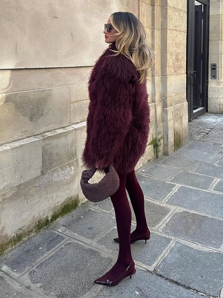 Women\'s Elegant Wine Red Faux Fur Coat Fashion Lapel Long Sleeve Fluffy Plush Warm Outerwear Lady Vintage Winter High Streetwear