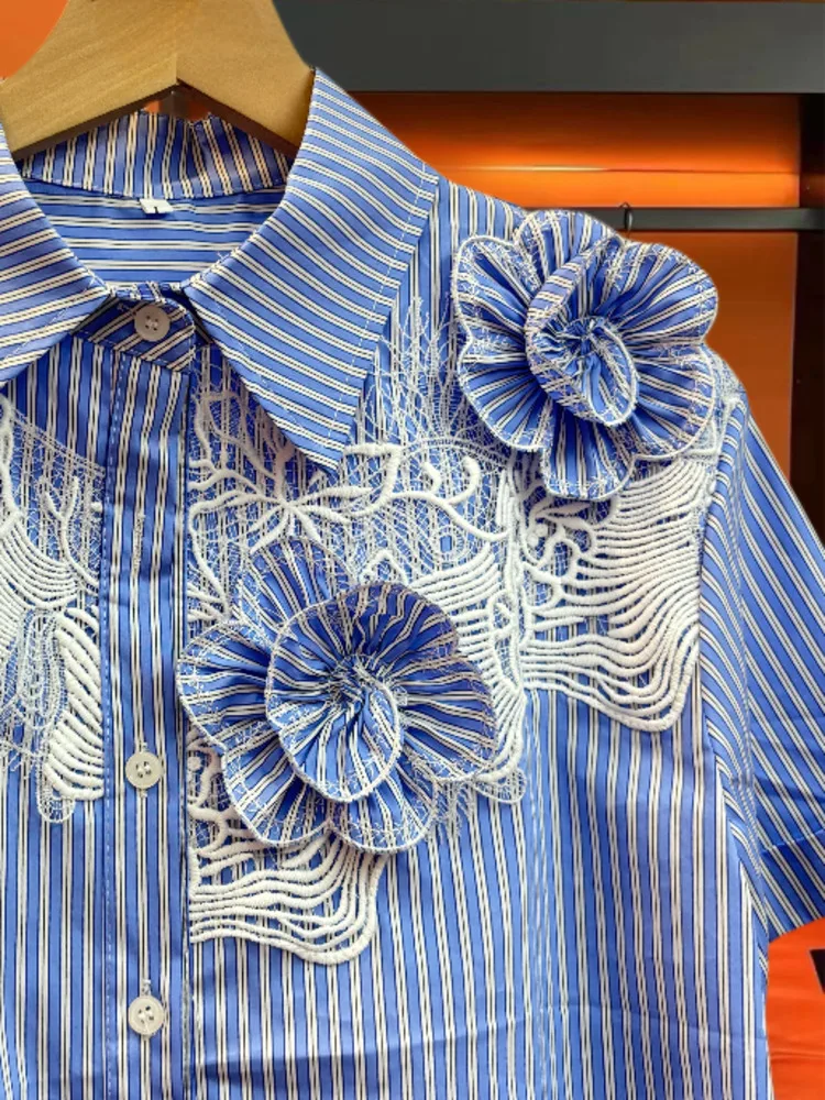Ewq-Women\'s3Dフローラル分割ラペル半袖シングルブレストトップス、カジュアルレースシャツ、夏服、新しい、2022、17g6022