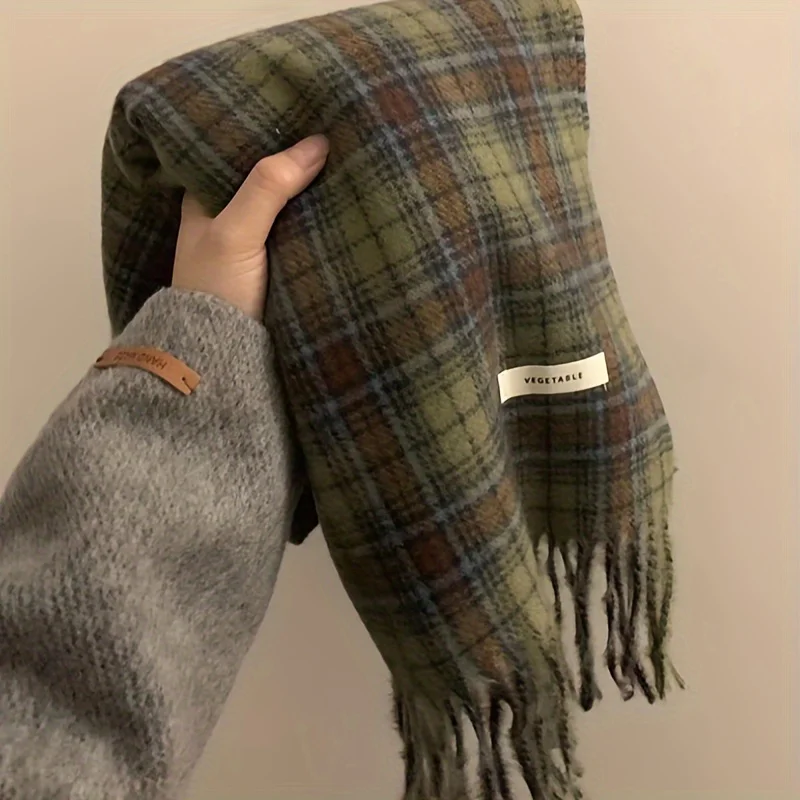 Bufanda con borlas a cuadros verdes Vintage para mujer, chal grueso de Cachemira de imitación cálido para otoño e invierno, bufandas envolventes