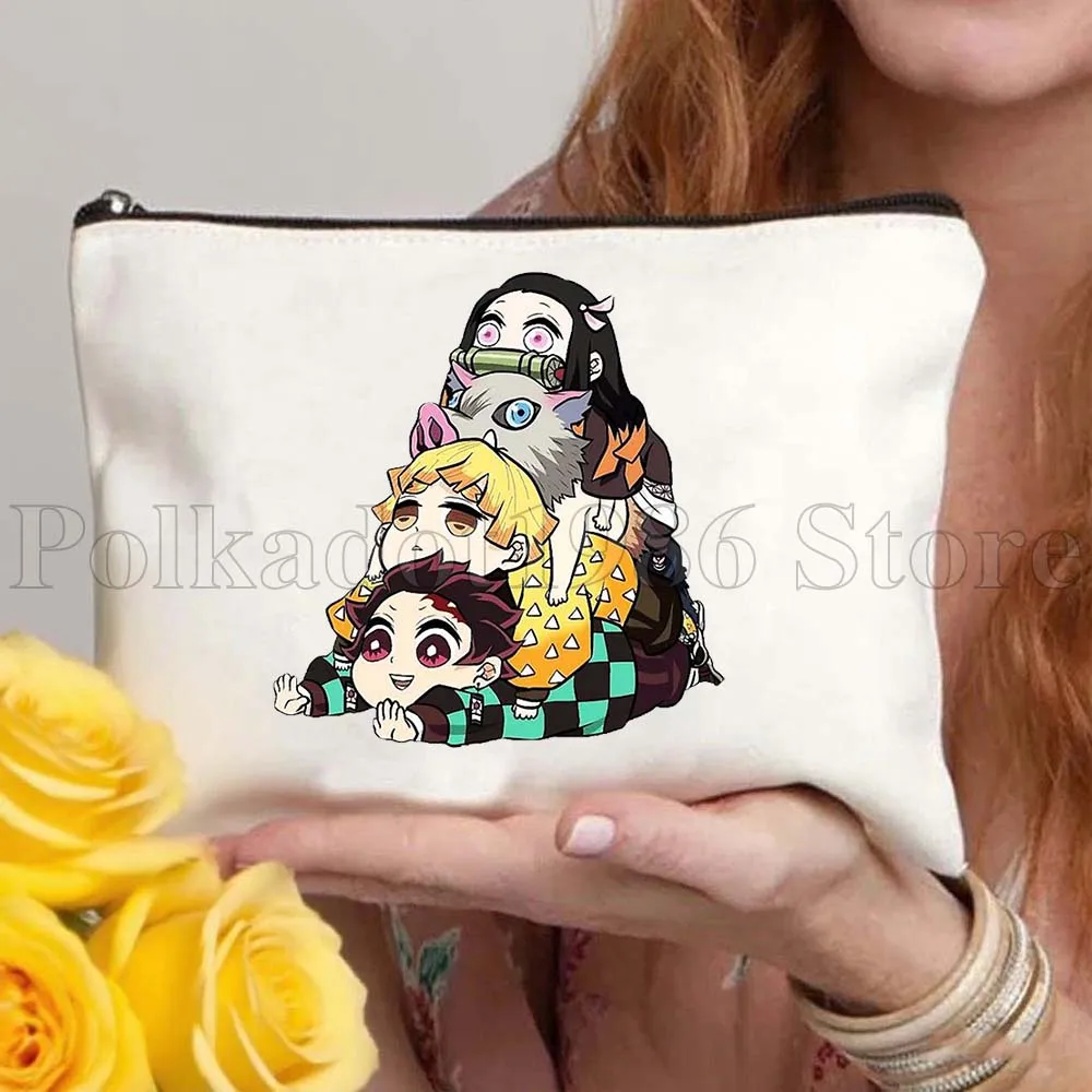 Sac en toile Demon Slayer Anime Kimetsu Nezuko Girl Inosuke, sacs à cosmétiques de voyage pour femmes, sac de rangement de toilette à la mode pour maquillage