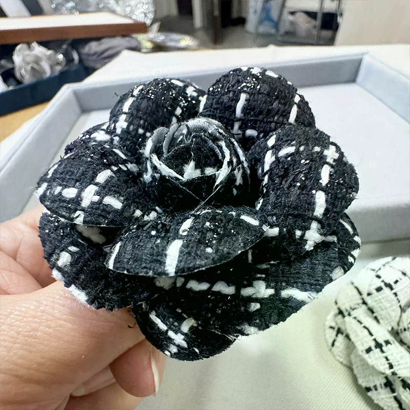 7cm Small Fragrant Tweed Camellia Flower Black Brooch Mourning Bow Tie Brooch