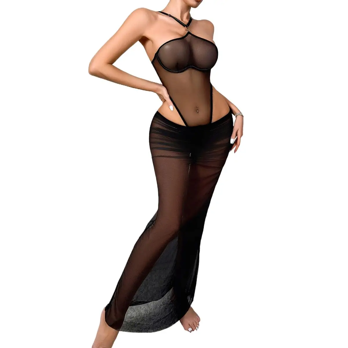 

Black Sheer Mesh Lingerie Set Halter Bodysuit Long Skirt Two Piece Sexy Erotic Nightwear Honeymoon Wedding Night Dress Lenceria