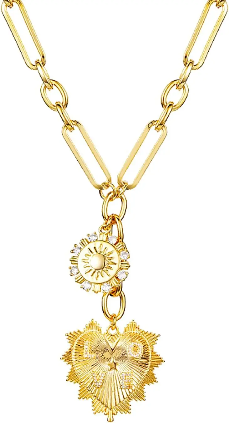 

Ожерелье-чокер Sun Heart Charm для женщин и мужчин, позолоченное, с инкрустированными цирконами подвесками, массивная цепочка-скрепка в стиле хип-хоп