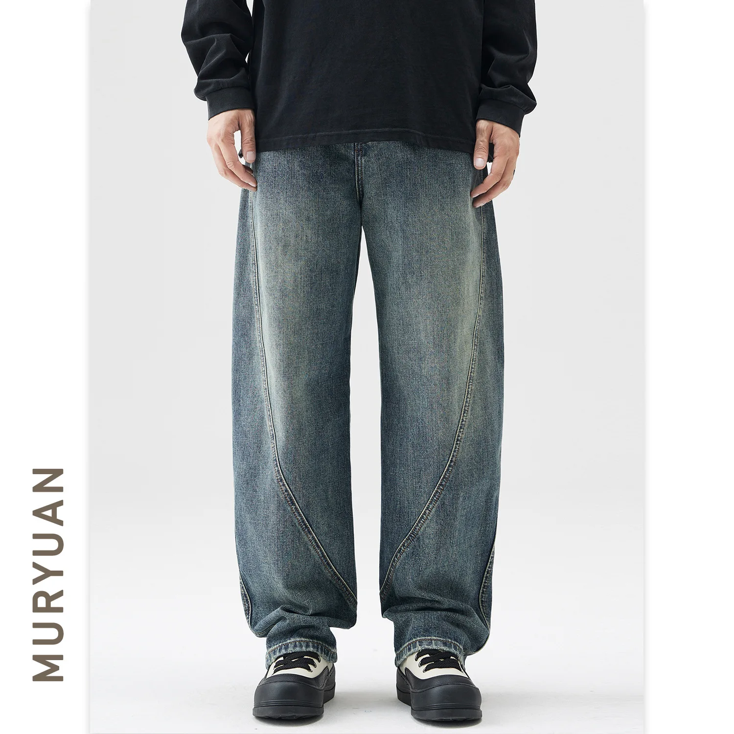 

Autumn Winter New Fashion Men's Blue Spliced Casual Trendy Simple Basic Loose Denim Trousers Male American Style Clothes Jeans