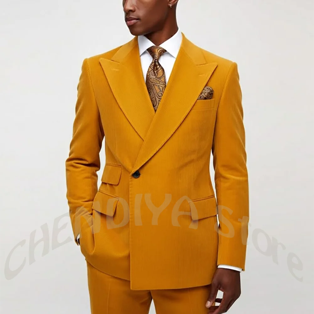 Luxury Corduroy 2 Piece Men Suit Peak Lapel One Button Blazer Pants Set Vintage Costume Homme Wedding Party Stylish Gentleman