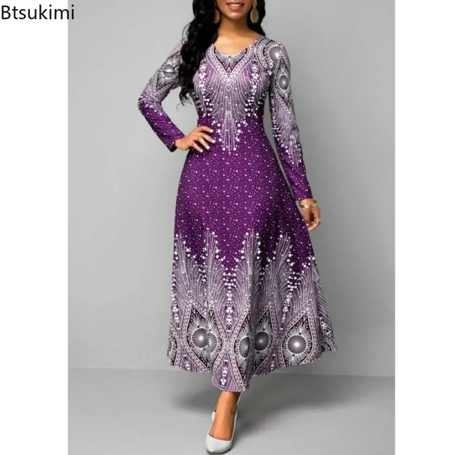 

2024 Vintage Print V-neck Maxi Dresses for Women Spring Autumn Long Sleeve Slim Party Dress Ladies Dashiki Dress African Clothes