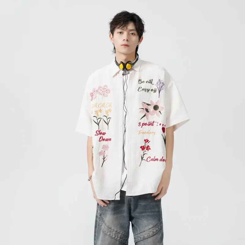 Summer 2024 Floral Embroidered Shirt Mens Thin Waffle Retro Color Blocking Couples Tops Y2k Fashion Loose Short Sleeved Jacket