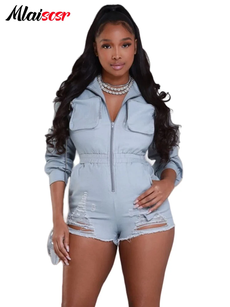 Mlaiscsr Denim Jumpsuit Shorts for Women Pockets Long Sleeve Ripped Zipper One Pieces Slim Playsuits Blue Jean Romper Outfits