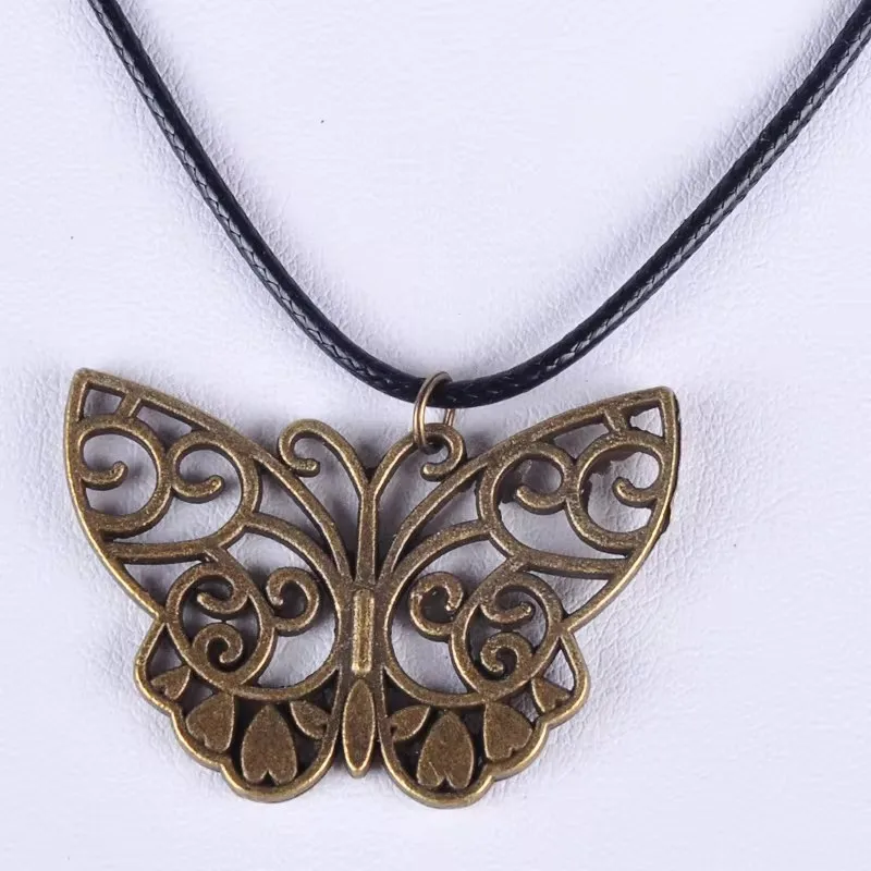 27*38Mm Vintage Bronze Antique Ancient Butterfly Pendant Necklace Women Wax Cord Rope Necklace Jewelry Fashion Alloy Jewellery