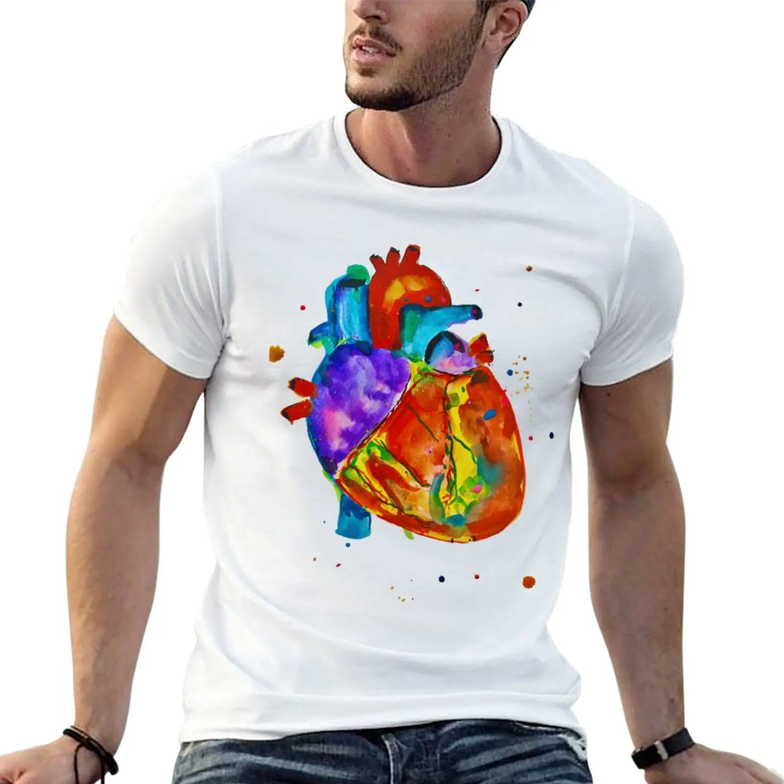 T-shirt Watercolor Heart Bliss pour homme, t-shirt de luxe pour homme, t-shirts graphiques de marque de luxe de haute qualité pour hommes