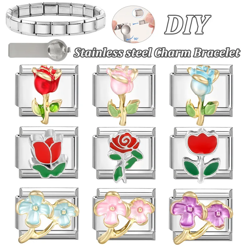 Fashion 3D Rose Bow Lollipop Cherry Rabbit Italian Charm Links Fit 9mm Stainless Steel Women Bracelet DIY Making Gifts Wholesale