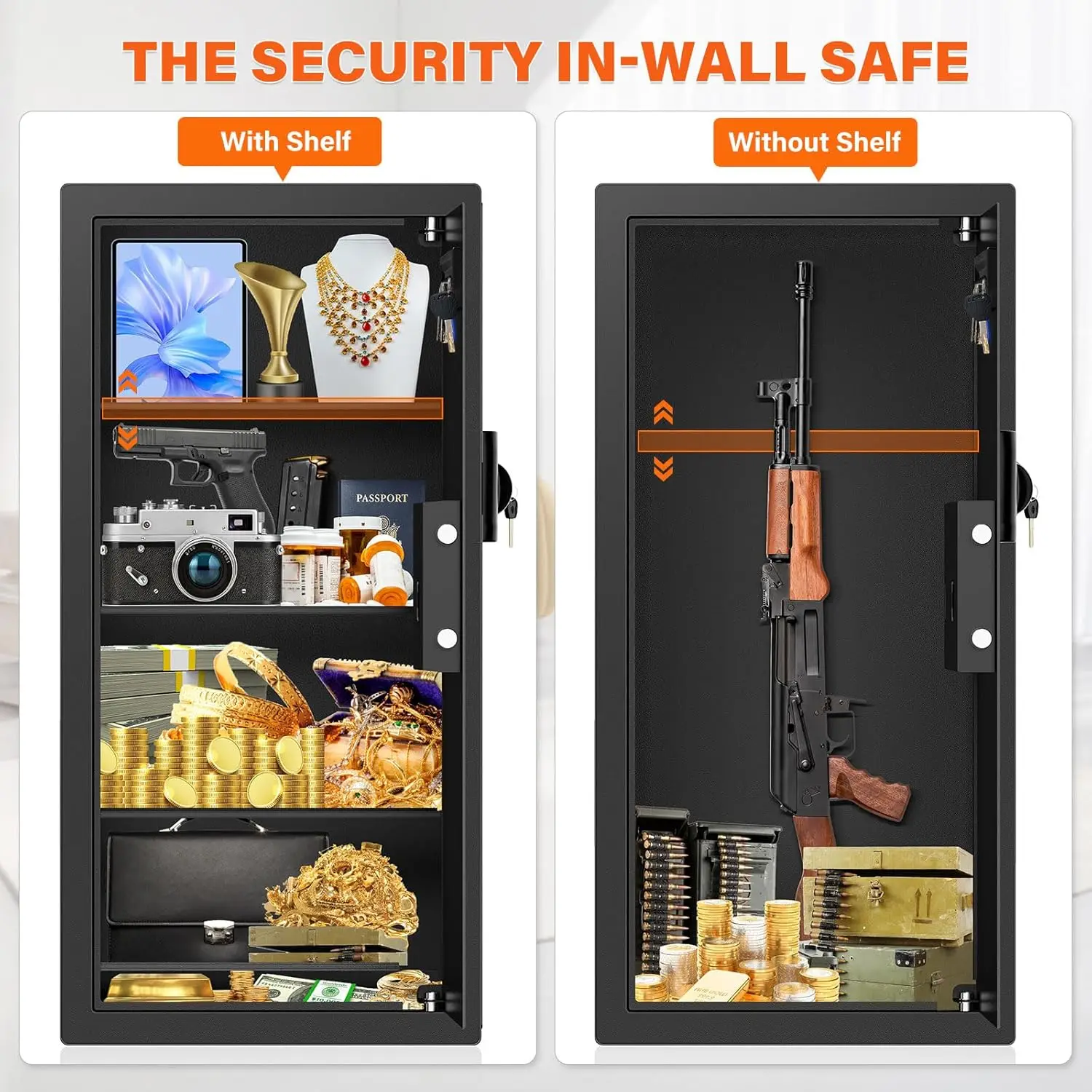 Cajas fuertes de pared ignífugas de 31,5" de alto entre los pernos centrales de 16", caja fuerte de pared oculta con 3 estantes extraíbles y modo silencioso, resistente