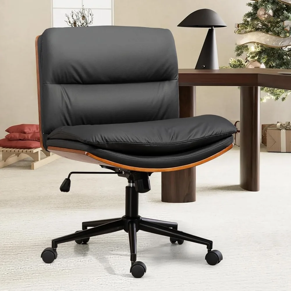 

Armless Modern Walnut Office Desk Chair with Wheels, PU Leather Adjustable Wide Swivel Task Chair, Ergonomic Cross Legged Comput