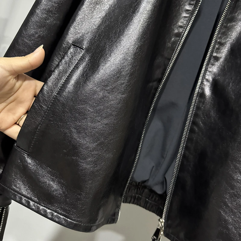 高品質レディース服オイルワックスシープスキンコートジッパー袖タブゆったりカジュアルスタイル新作アウターウェア本革ジャケット