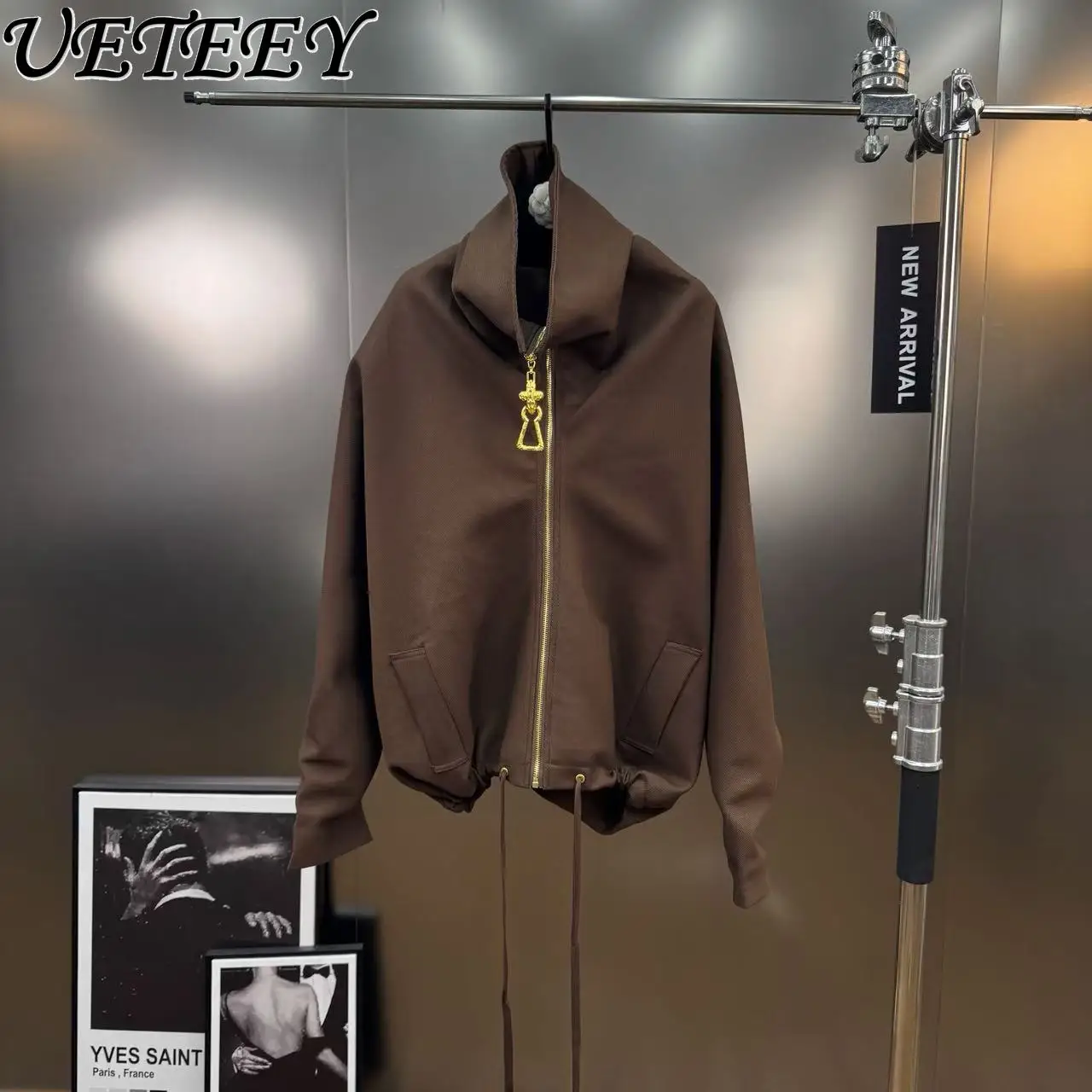 

2025 Autumn Fashion Elegant Lapel Zipper Long Sleeve Hoodie Jacket Loose Slimming Versatile Black Casual Coat Oversized Overcoat