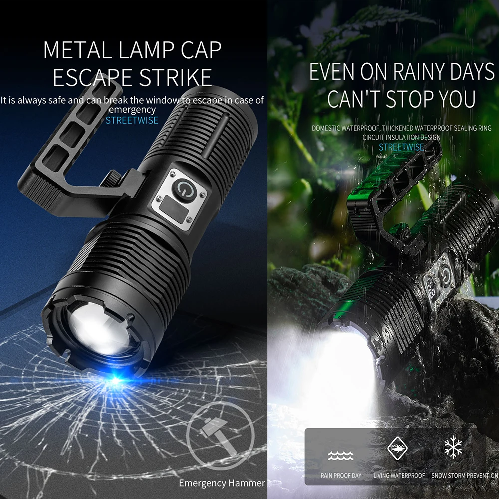 High Power LED Flashlight Long Range Tactical Torch USB Rechargeable Zoom Lantern Built-in 4 18650 Battery Strong Light Lamp