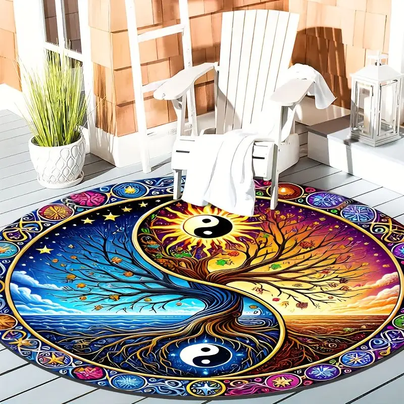 VIKAMA Yin Yang Tai Chi Tree of Life Mandala Round Carpet, Rotating Chair Mat, French Bedroom Luxury Floor Mat