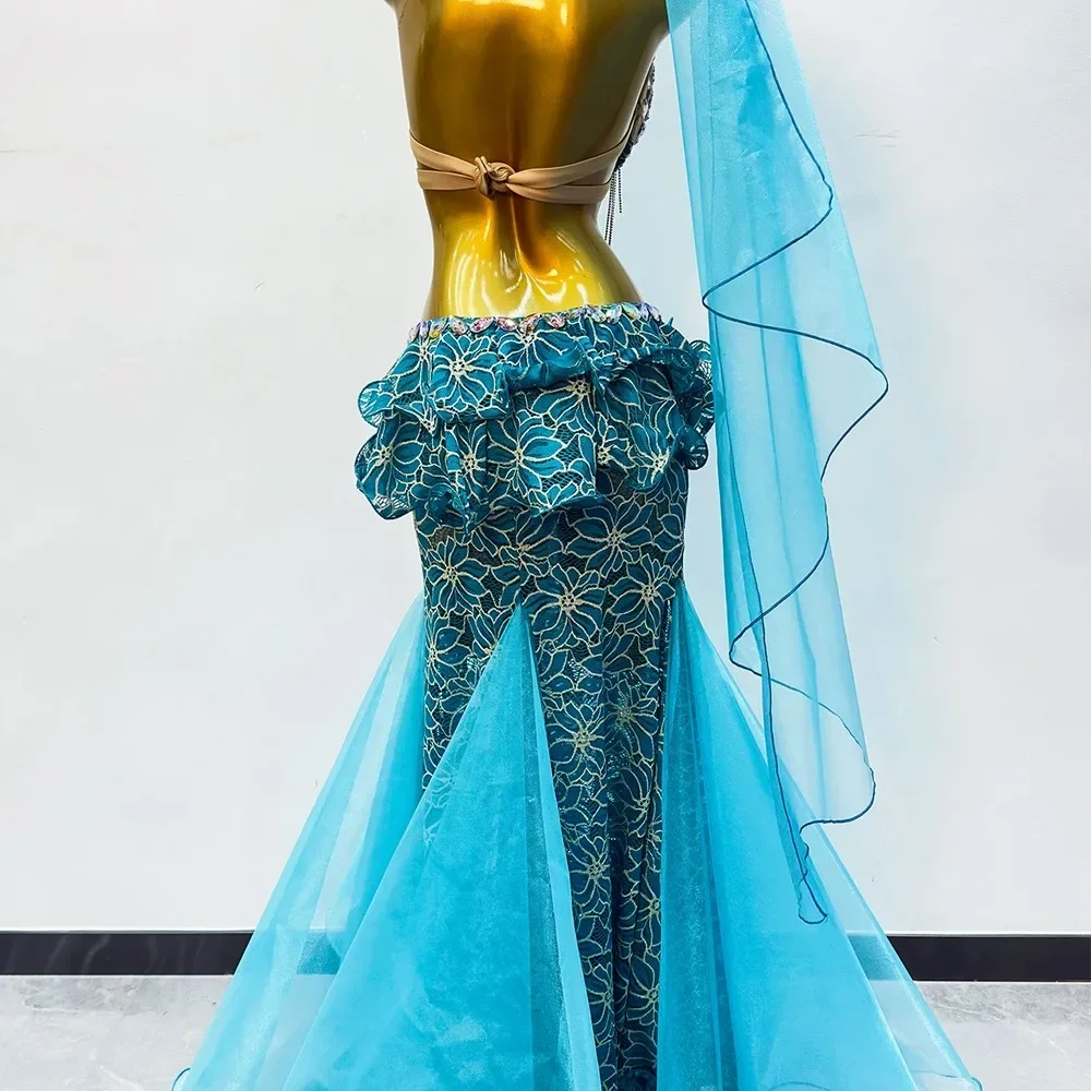 Damen Orientalisches Bauchtanz-Performance-Kostüm-Set mit Pailletten und Quasten aus Polyester-Spandex, M-L, Bühnen-, Party- und Wettbewerbs-Tanzrock-Outfit – Detail 2