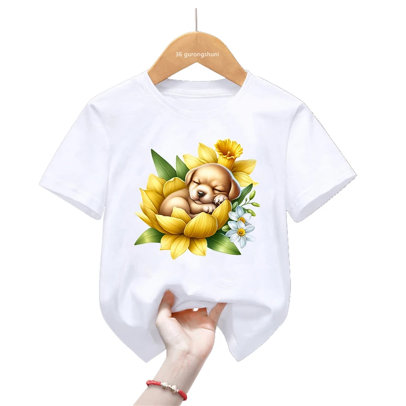 

2024 Kawaii Kids Clothes Funny Panda/Pig/Cat/Monkey/Elephant/Hedgehog/Sloth/Koala Lying Among Flowers Printed Tshirt Girls/Boys