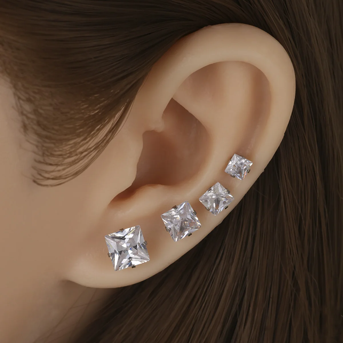 Stylish 4 Claw Square Cubic Zirconia Stud Earrings, Unisex