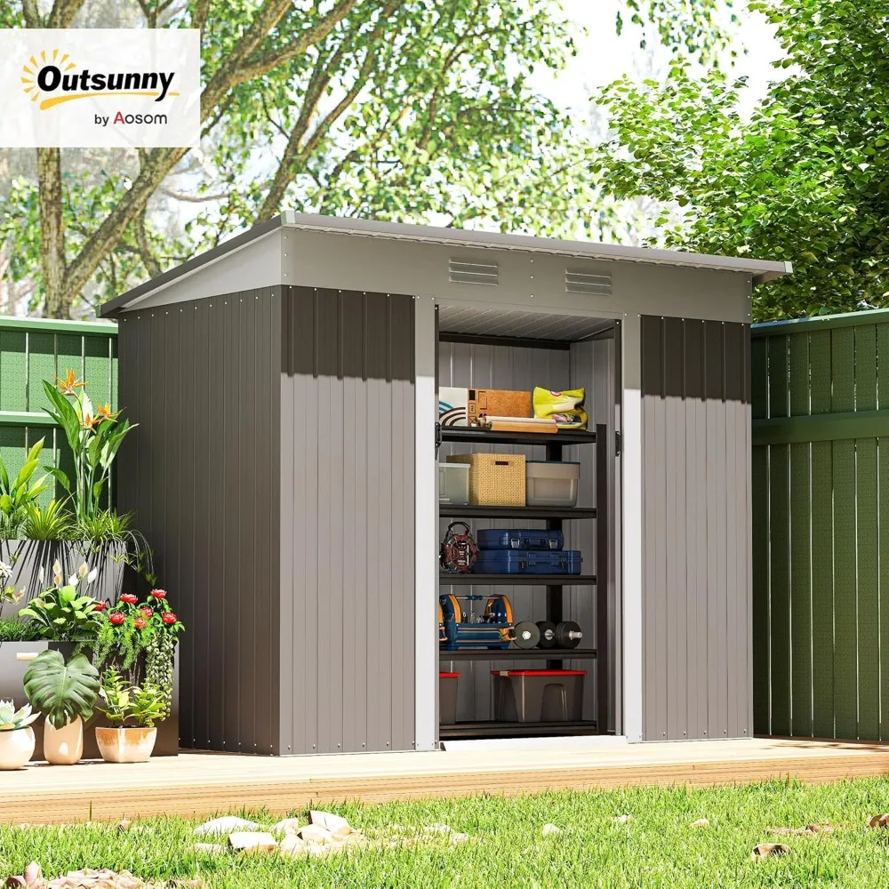 سقيفة معدنية مائل للتخزين في الهواء الطلق، منزل أدوات الحديقة مقاس 8 × 4 مع أبواب منزلقة مزدوجة وفتحتين للهواء
