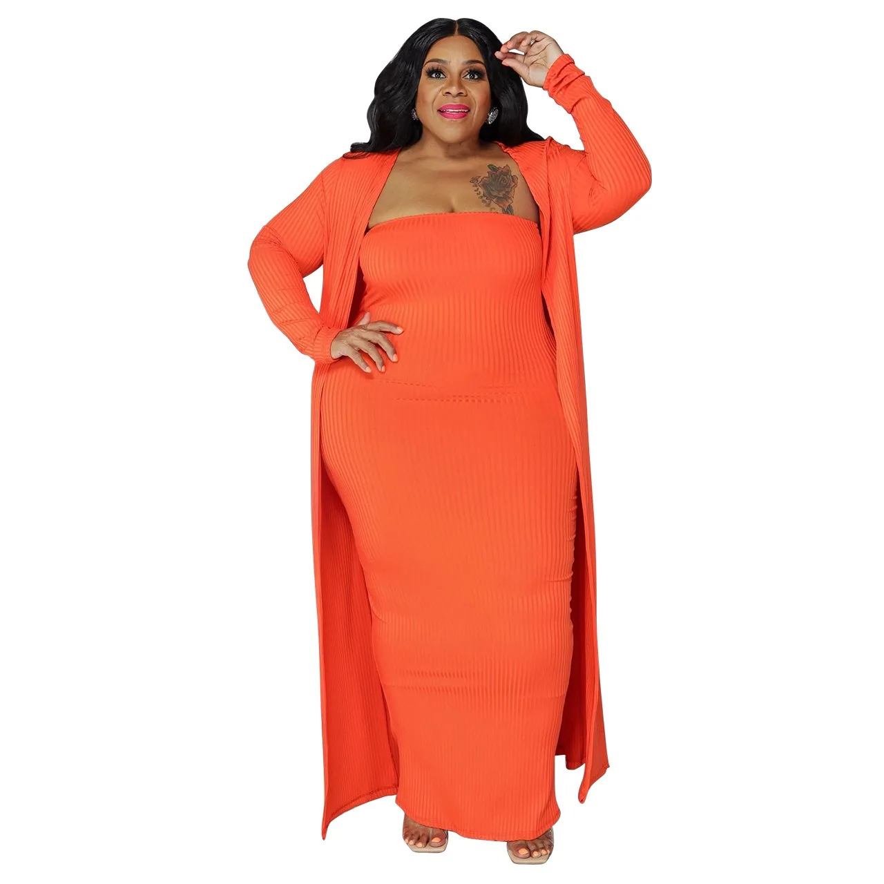 L-4XL 2024 inverno plus size vestidos para mulheres conjuntos de duas peças cor sólida manga longa casaco e vestido ternos sexy casual atacado