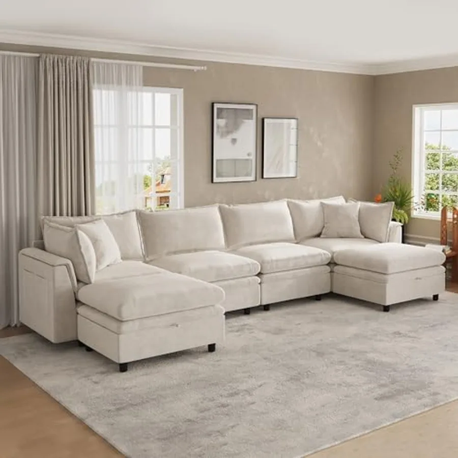 

146.4'' Modular Sectional Couches for Living Room with 2 Storage Ottoman, Modern Comfy Deep Seat Sleeper Upholstered Cloud Couc
