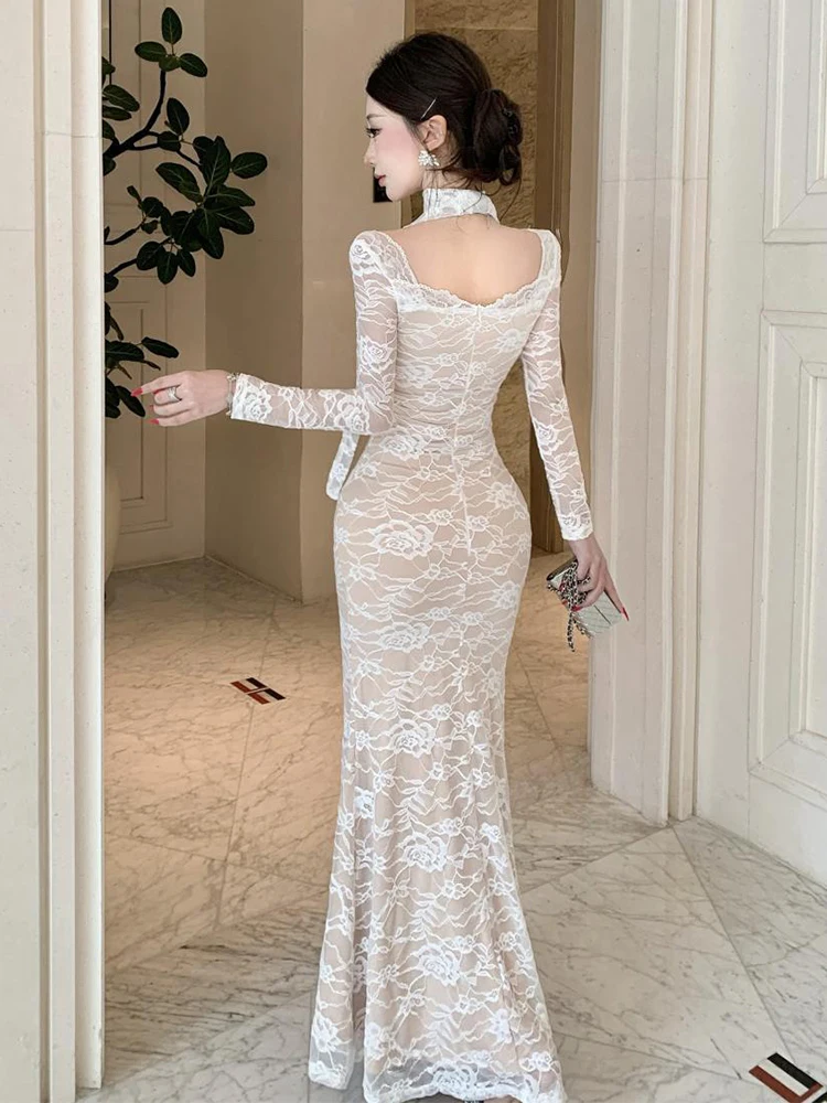 Chic Women Floral Lace Sexy Sheer Long Sleeve Maxi Dress Birthday Party Prom Gown Clothes Sweet Mujer Vestido Slim Robe Vacation