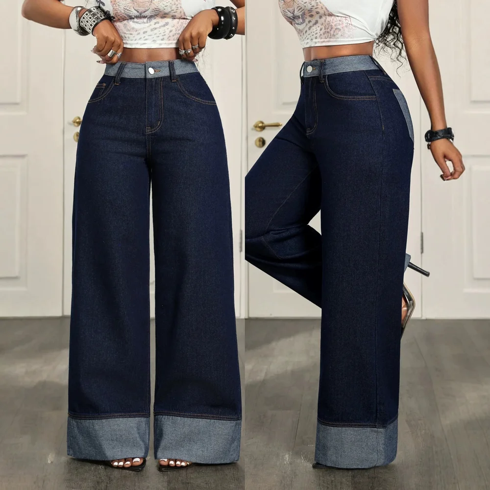 Women Retro Dark Wash Wide Leg Drape Jeans, High Waist Floor Sweeper Denim Pants With Contrast Waist & Roll Hem