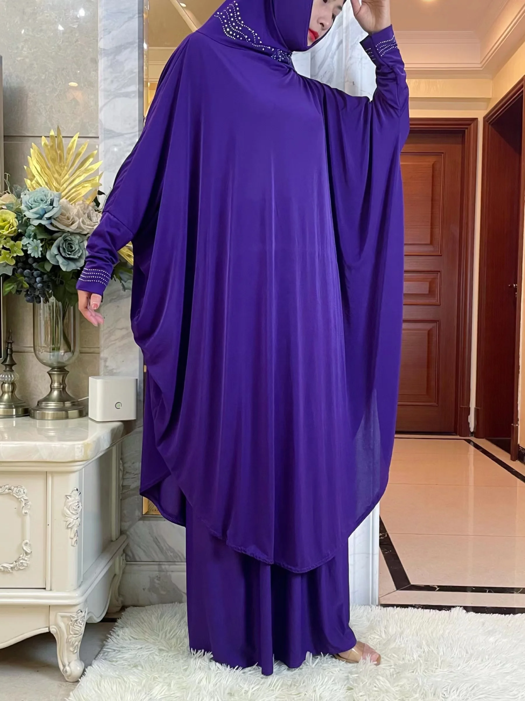 New Eid Hooded Muslim Women Hijabs Dress Prayer Garment  Ramadan Bat Sleeve Clothes Two Piece Set Niqab Islam Dubai Modest Robe