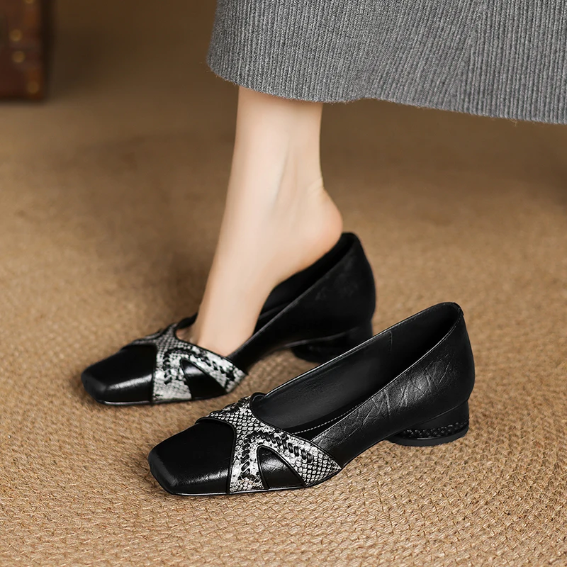 2026 new spring summer women pumps natural leather 22-25cm sheepskin mixed color square toe high heel women shoes snake pattern