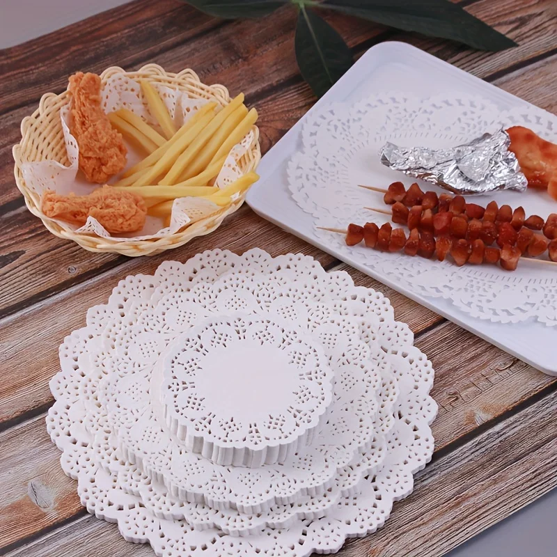 50/100 Stück Tischsets aus Papier mit Spitzenrand, Cupcake-Untersetzer für frittierte Speisen, Desserts, Partys, Hochzeiten, Tischdekoration, Küchen-Backutensilien – Detail 18
