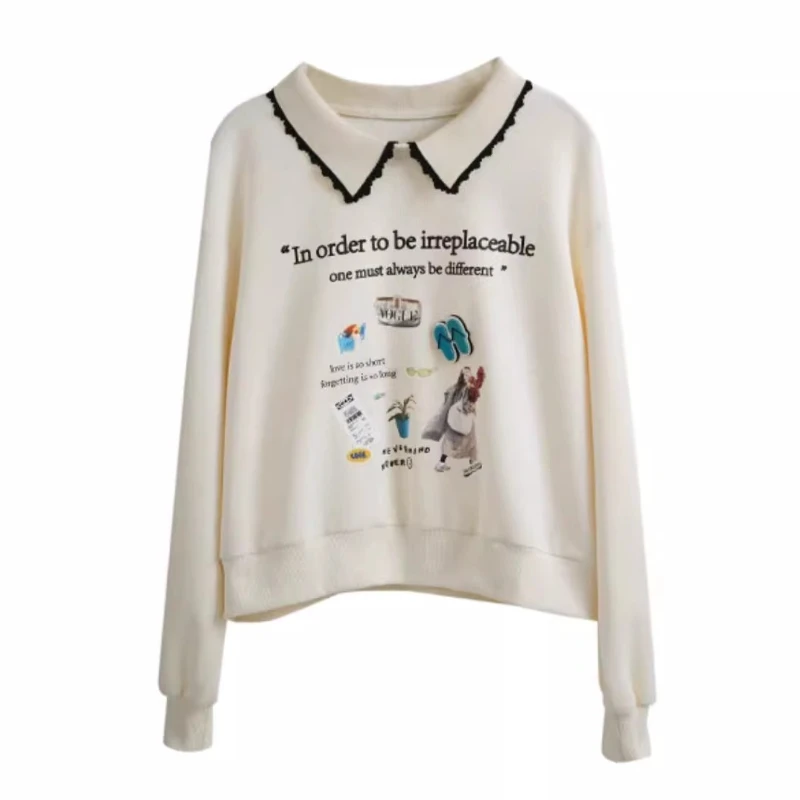 OLrain Women's Apricot New in Sweatshirt Autumn 2025 Casual Long Sleeve Polo Tops Knitted Print Ladies Sweatshirts G24CR89986