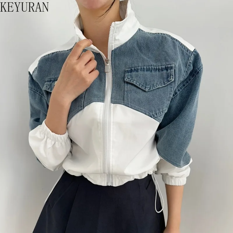 2024 Spring Korean Chic Retro Color Contrast Patchwork Denim Jacket Coat Women Clothes Casual Loose Long Sleeve Crop Tops Female