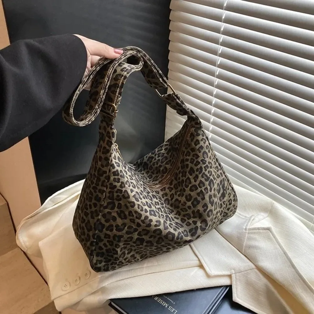 Trendy Soft Textile Women's Shoulder Bag Large Capacity Adjustable Strap Leopard Print Bag Tote Handbag