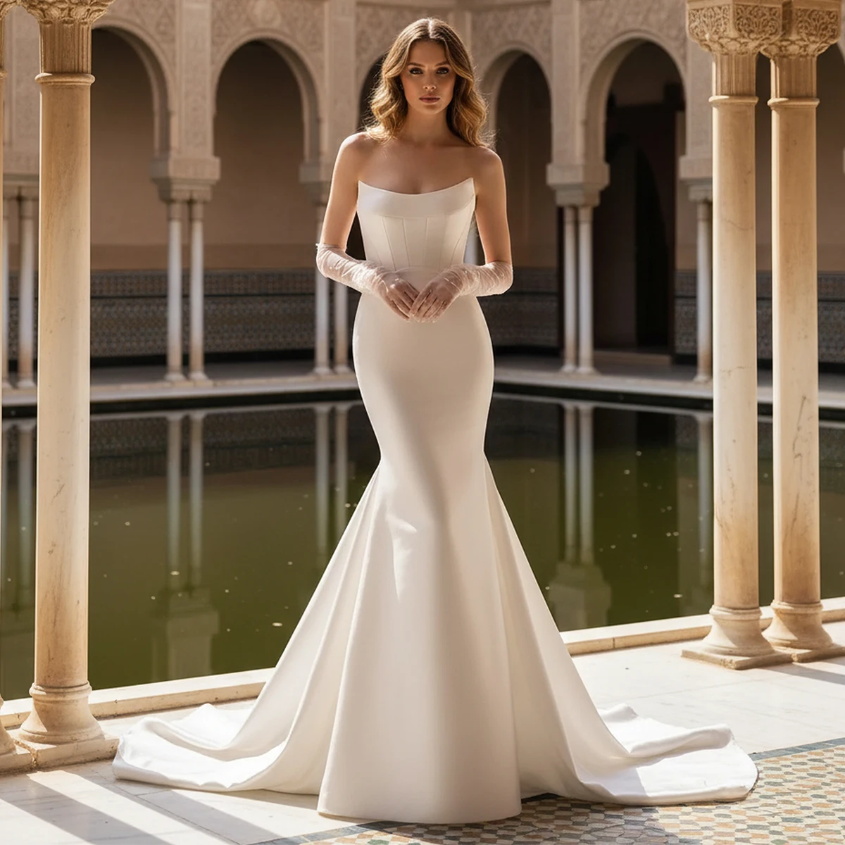 

Simple Backless Mermaid Long Wedding Dresses Satin Sheath Strapless Bridal Party Gown For Women Vestidos de novia